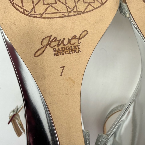 Jewel Badgley Mischka Silver Leather Sparkle Ankle Open Toe Strappy Sandal SZ 7 - Picture 8 of 16